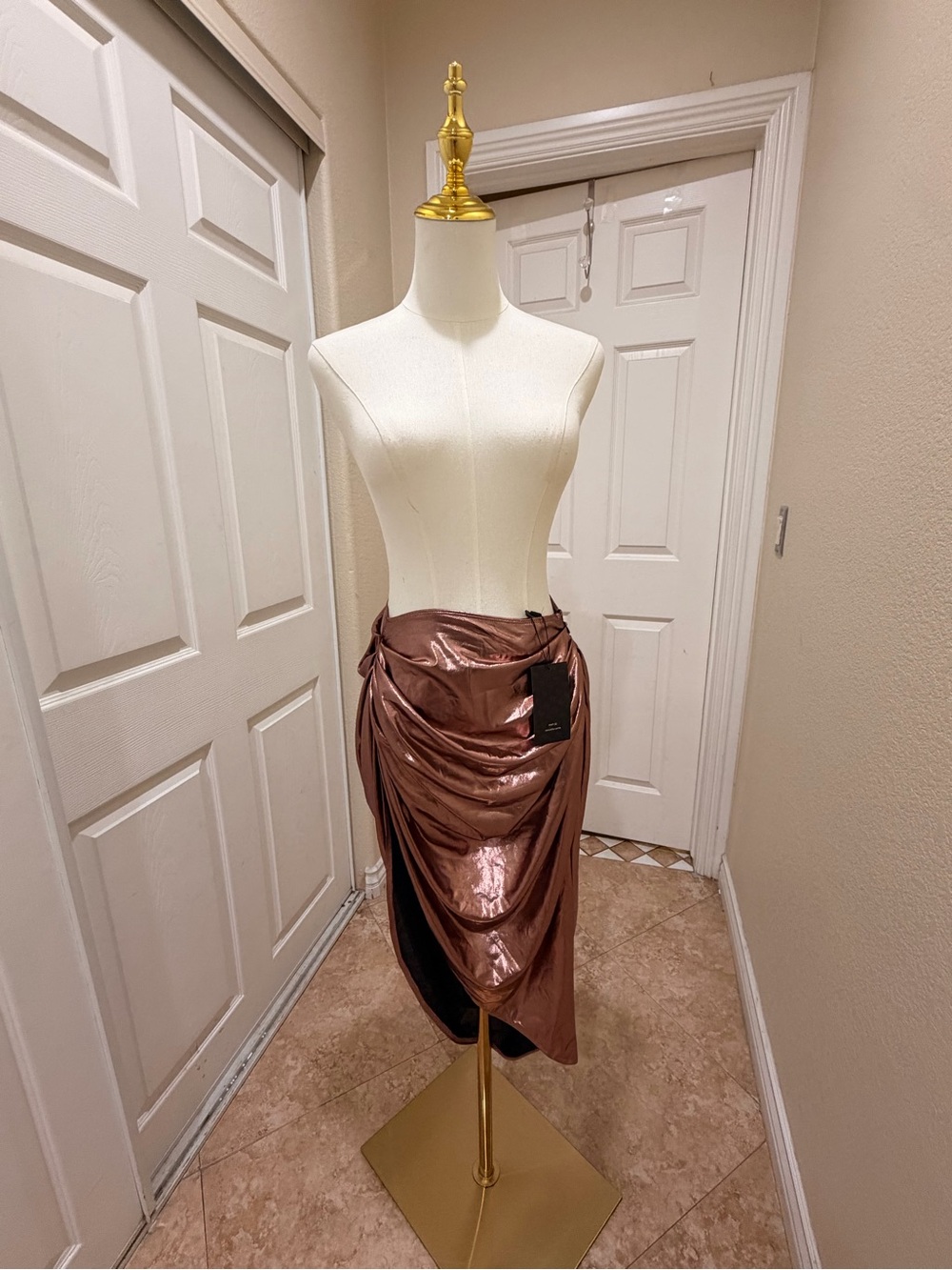 Asymmetrical Metallic Copper Draped Midi Skirt